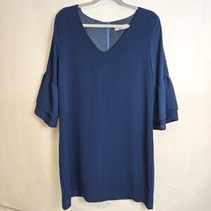 Belongsci Sweet & Cute V-Neck Bell Sleeve Shift Mini Dress, Blue, Size Large